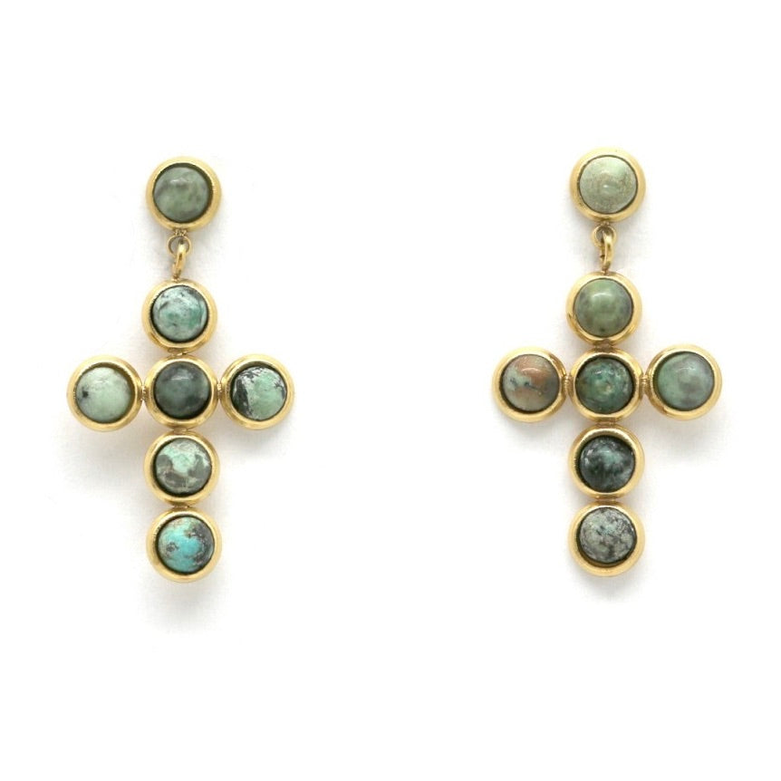 African Turquoise Stone and Gold Cross Earrings - E4-270