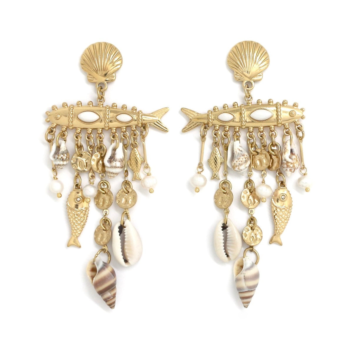 Museum Style Fish and Seashell Dangle Earrings - E4-369