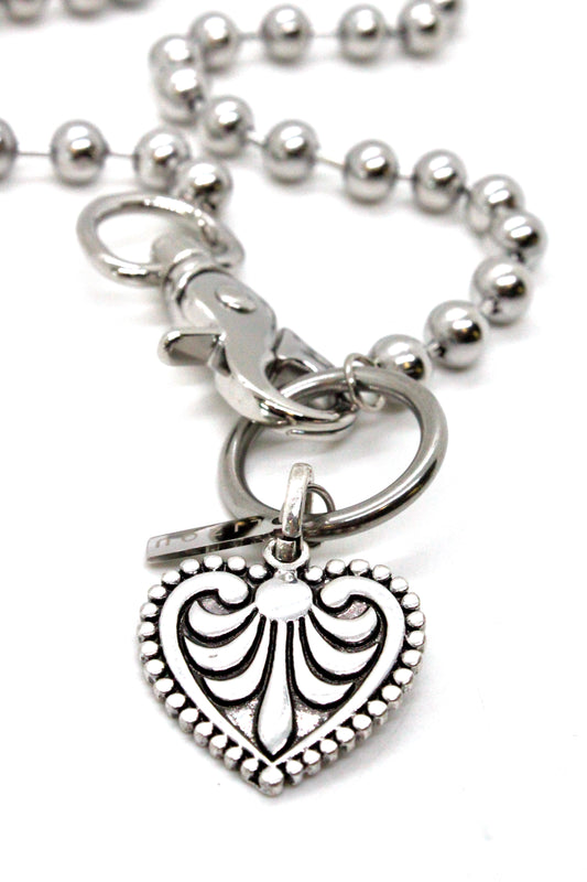 Fleur De Lis Heart Charm Necklace Single Silver Chain Claw Clasp