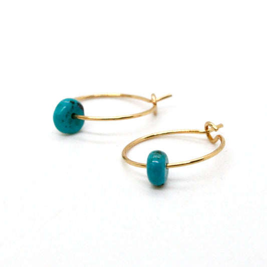 Mini Turquoise and Gold Hoop Earrings E7-008 -Stone Collection-