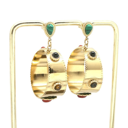 Semi Precious Stones on Wide Hoop Dangle Earrings - E4-365