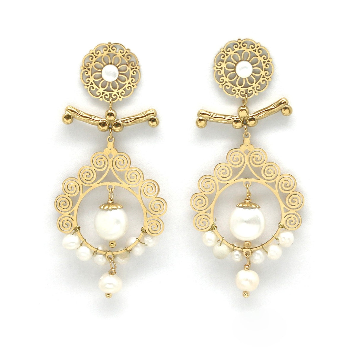 Branch Pearl and Gold Dangle Earrings - E4-278