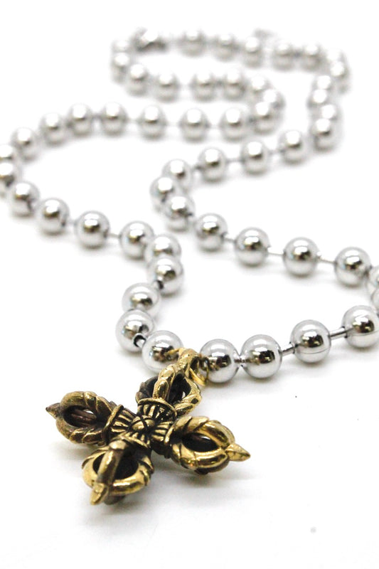 Single Silver Ball Chain Necklace with Lucky Brass Cross N2-S1023 -The Classics Collection-