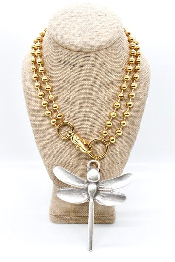 Large Dragonfly Pendant Convertible Gold Chain Necklace