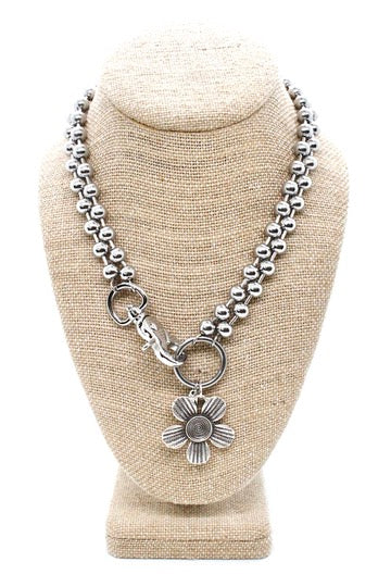 Antique Silver Flower Pendant Convertible Silver Chain Necklace