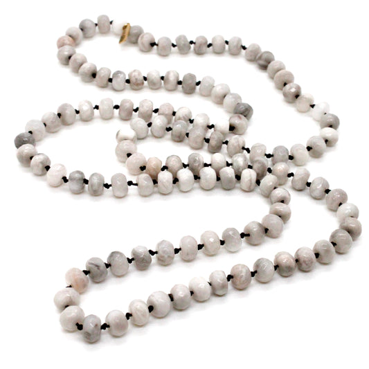 Hand-Knotted Long White Agate Bead Necklace - NL-WLA
