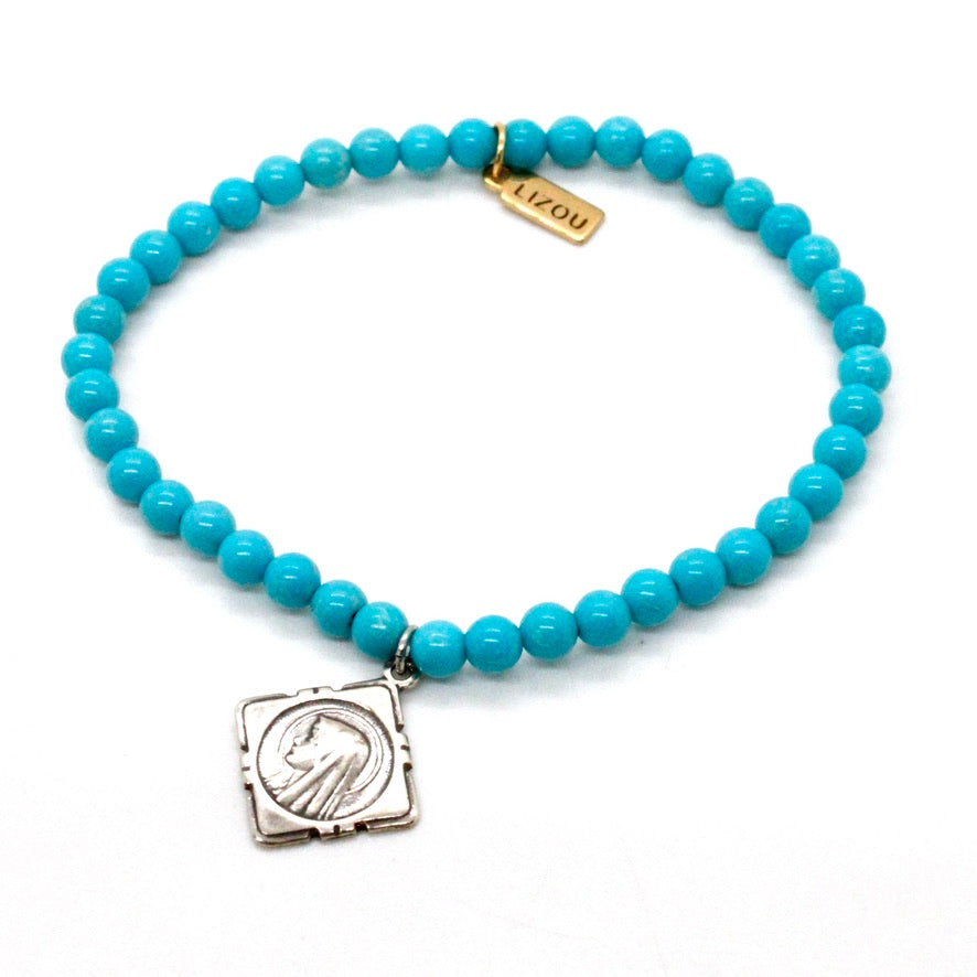 Turquoise Stone Stretch Bracelet with Sterling French Medal Charm -French Medals Collection-