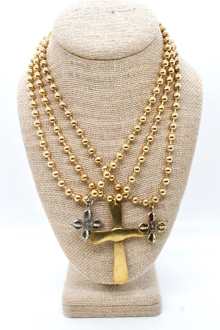 Single Gold Plate Ball Chain Necklace with Lucky Silver Cross N2-S1014g -The Classics Collection-