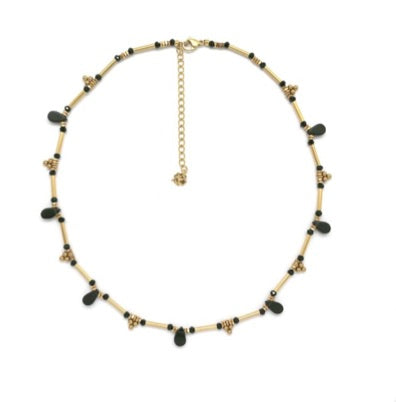 24K Gold Tube Bead Necklace with Onyx Drops N2-2362 -French Flair Collection-
