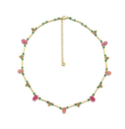 24K Gold Tube Bead Necklace with Semi Precious Stone Drops N2-2364 -French Flair Collection-