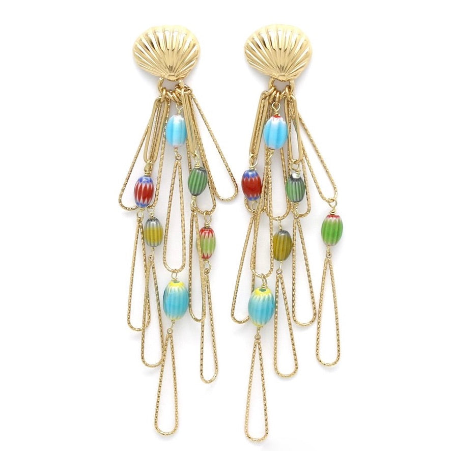 Museum Style Multi Millefiori and Gold Shell Earrings - E4-249