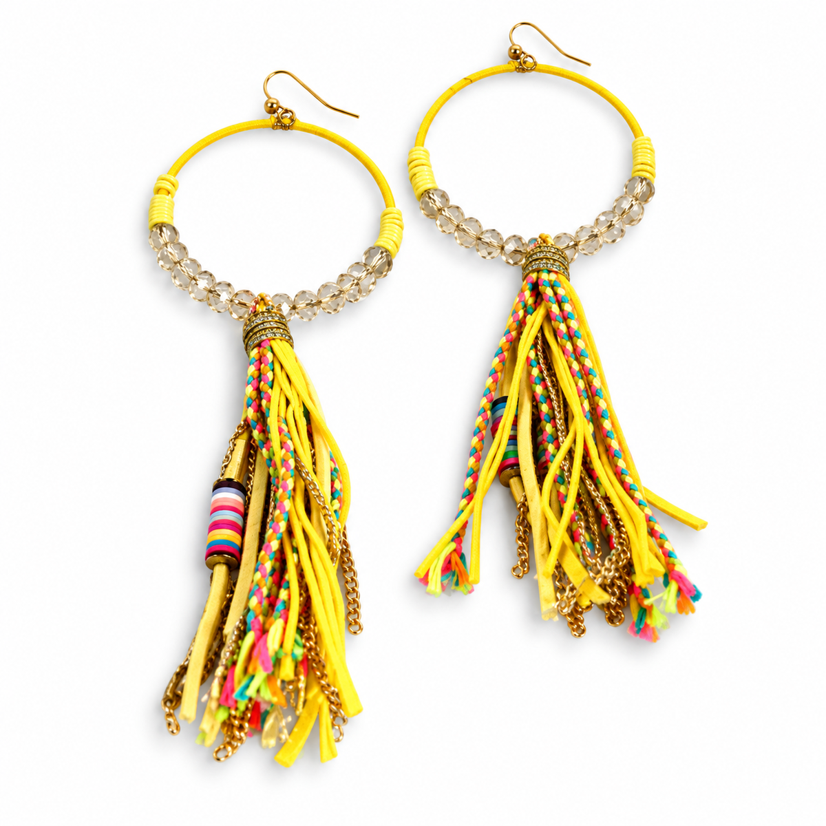 Crystal Beaded Hoop Earrings with Tassel - E001T-Yellow