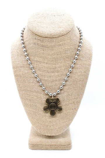 Antique Bronze Flower Pendant Convertible Silver Chain Necklace