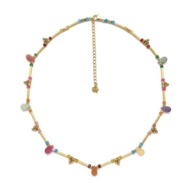 24K Gold Tube Bead Necklace with Semi Precious Stone Drops N2-2365 -French Flair Collection-