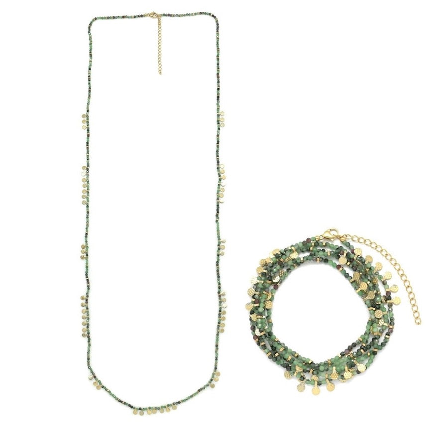 Museum Style Ruby Zoisite Stone Necklace with 24K Gold Plate Mini Charms - N2-2690