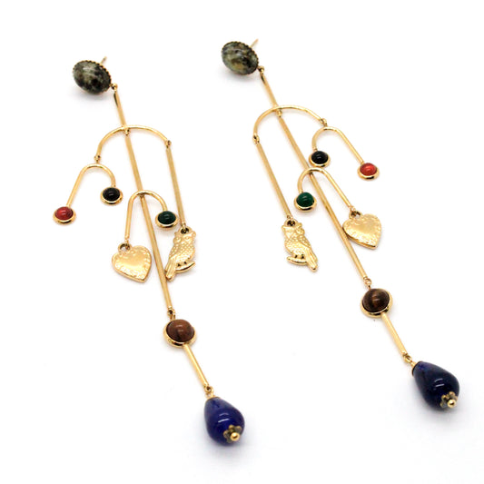 Museum Style Heart and Owl Stone Mobile Earrings - E4-305