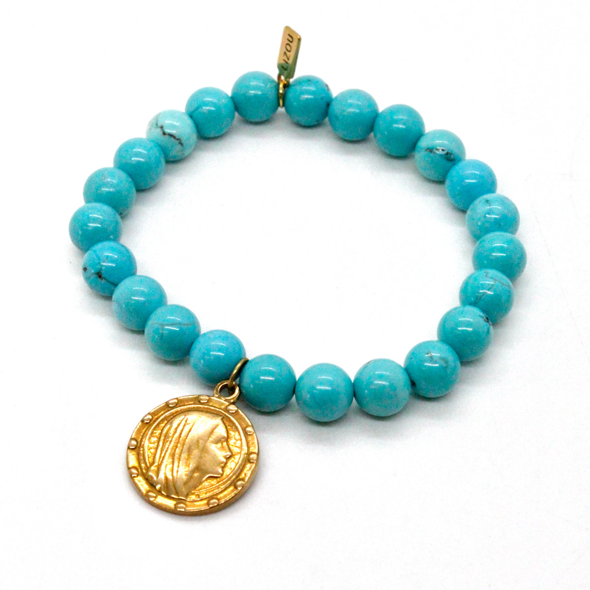 Turquoise Stretch Bracelet with French Religious Charm -French Medals Collection-