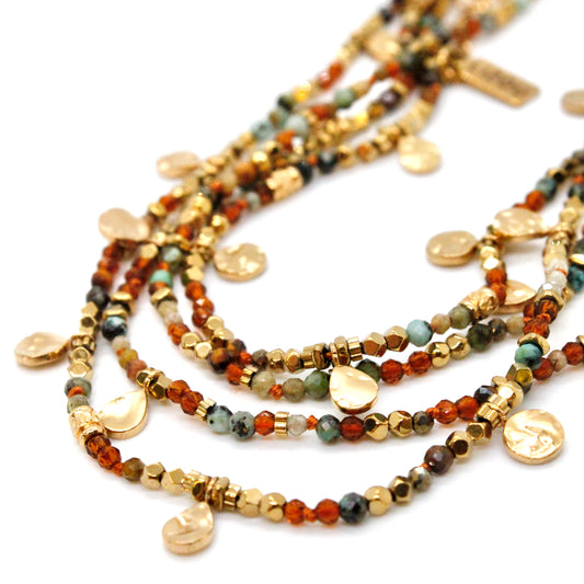 Multi Stone Mix and Mini Gold Coin Wrap Necklace - N2-2617C