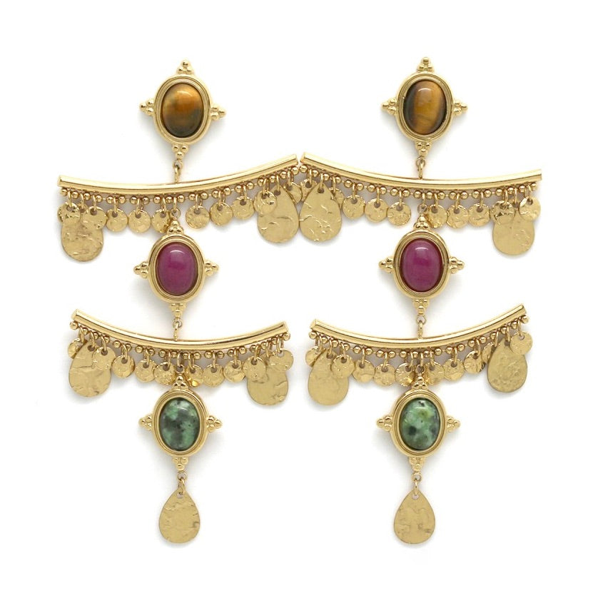 Balancing Tiger's Eye and Gold Dangle Earrings - E4-273
