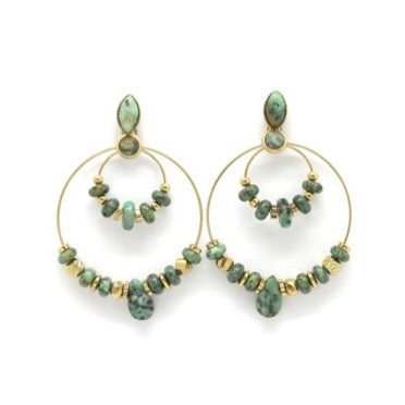 Double Gold Hoop African Turquoise Earrings E4-185 -French Flair Collection-