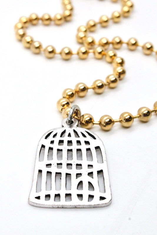 Single Gold Plate Ball Chain Necklace with Silver Bird Cage N2-S885g -The Classics Collection-