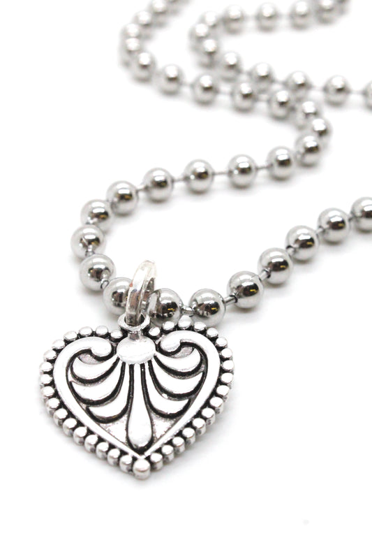 Single Silver Ball Chain Necklace with Small Heart Charm -The Classics Collection-