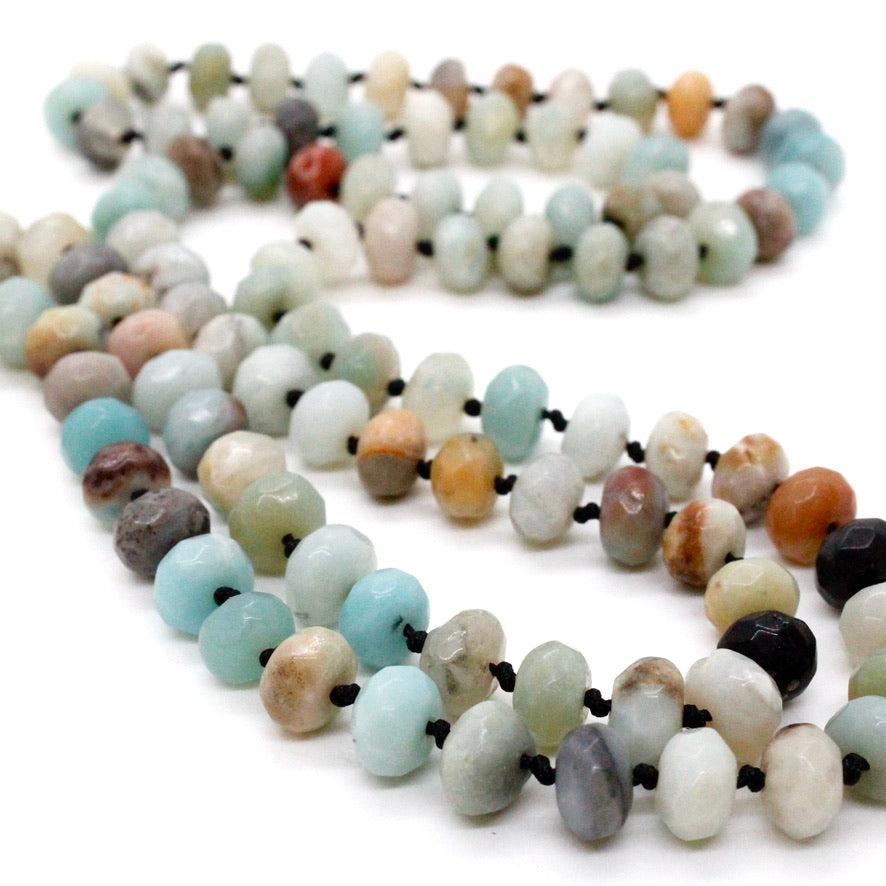 Hand-Knotted Long Faceted Amazonite Rondelle Bead Necklace - NL