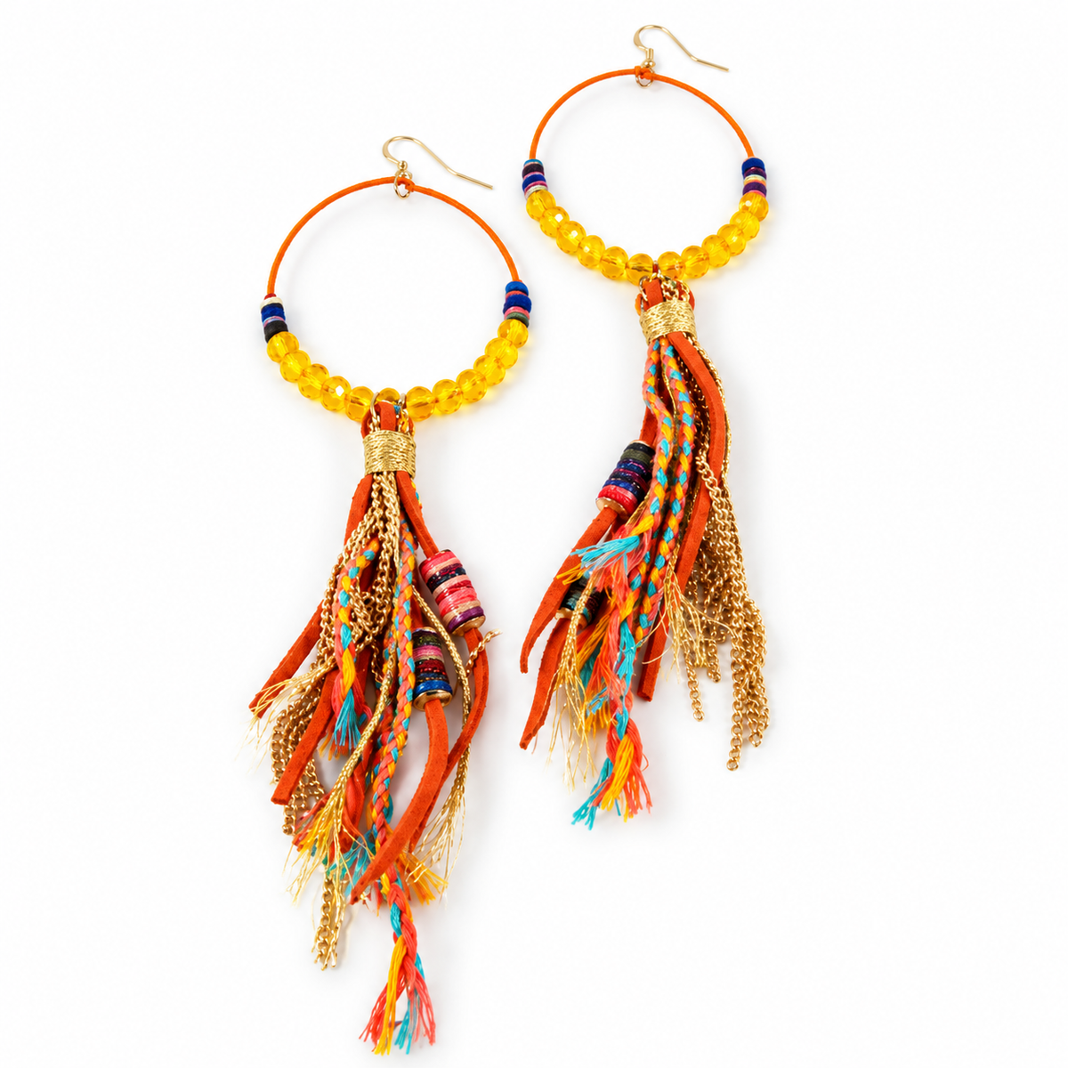 Crystal Beaded Hoop Earrings with Tassel - E001-19T