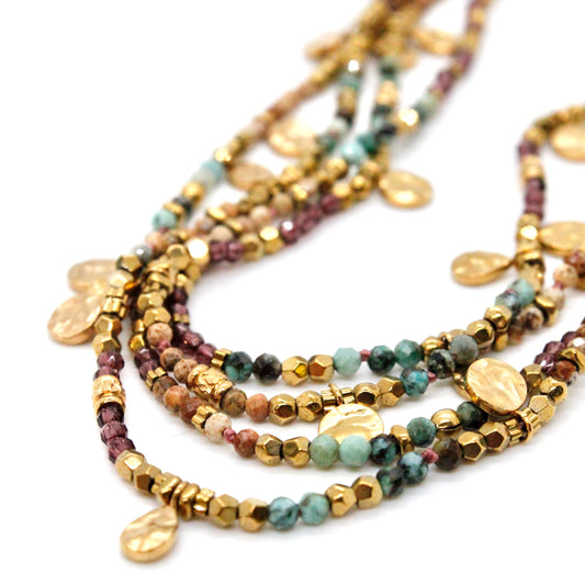 Multi Stone Mix and Mini Gold Coin Wrap Necklace - N2-2617D