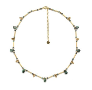 24K Gold Tube Bead Necklace with African Turquoise Drops N2-2363 -French Flair Collection-