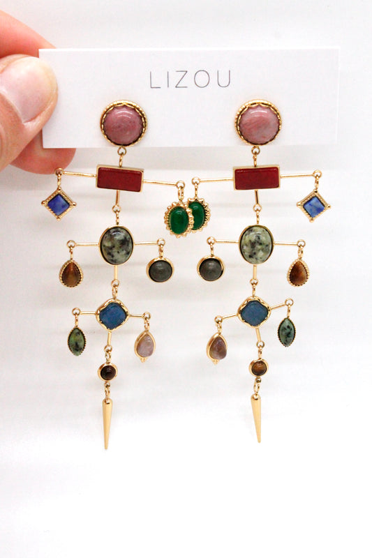 Museum Style Artsy Semi Precious Stone Mobile Earrings - E4-304