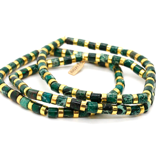 Green Semi Precious Stone and Gold Stretch Stone Bracelet -Stone Collection-