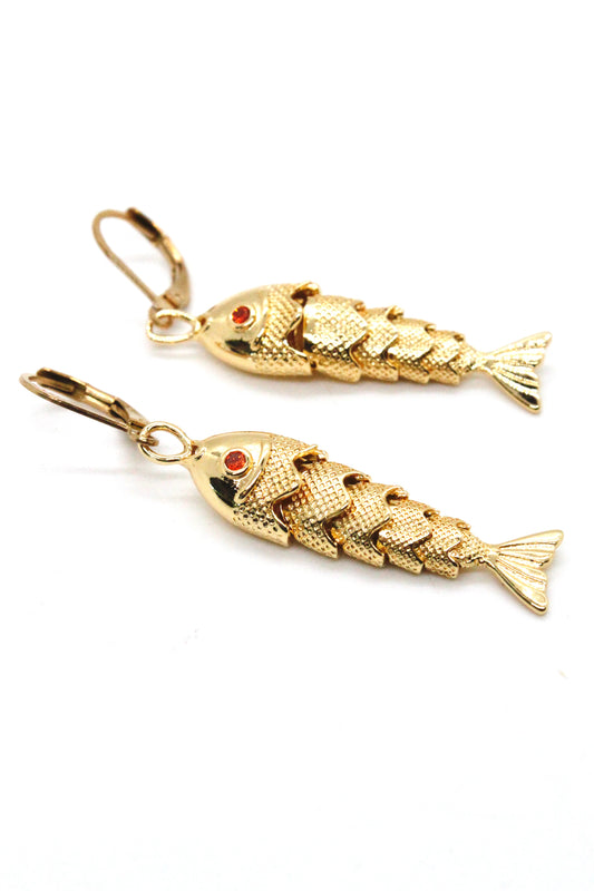 Large Articulated Gold Fish Earrings - E4-267l