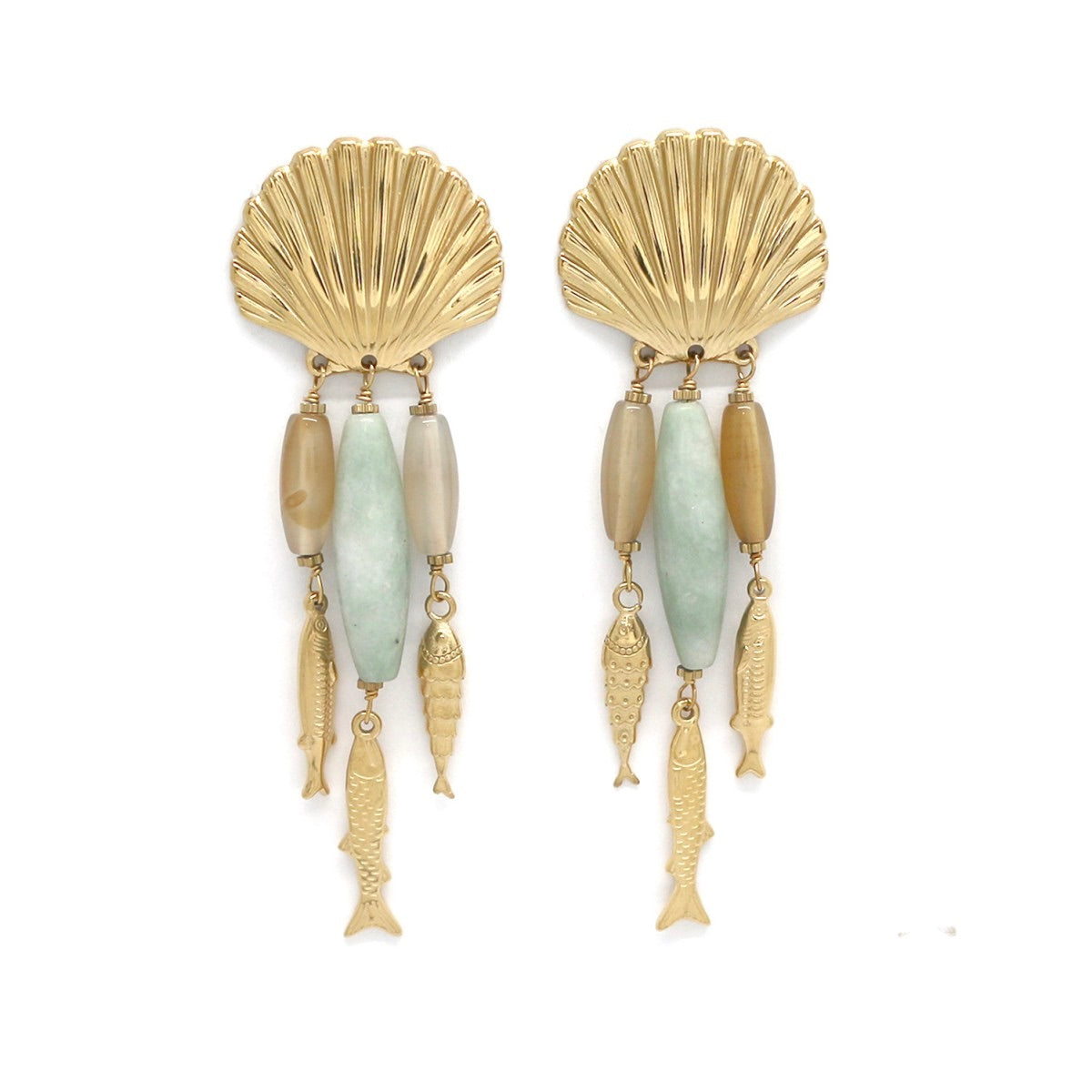Gold Seashell Fish Dangle Earrings - E4-371