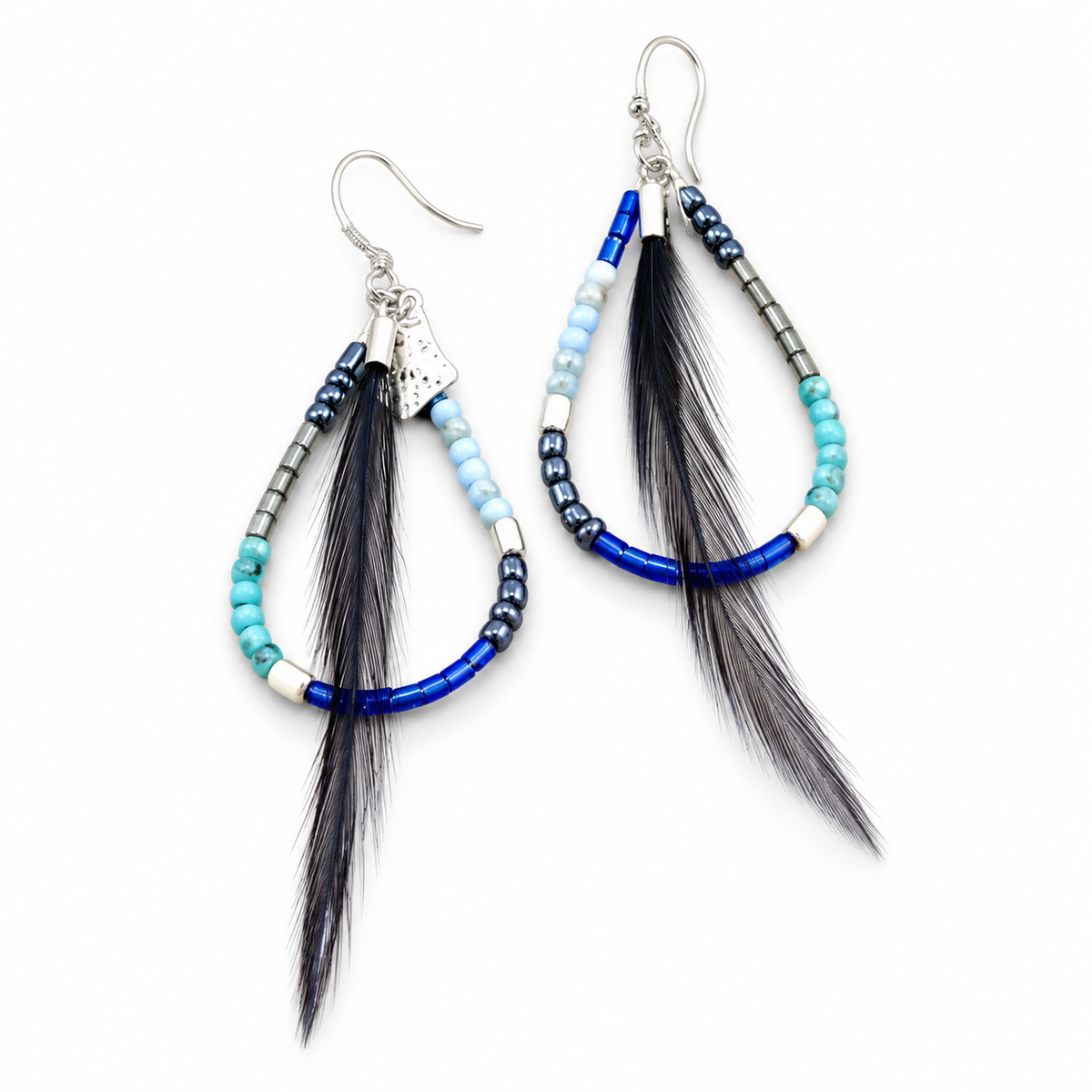 Beaded Dangle Hoop Style Earring with Feather - E012-B