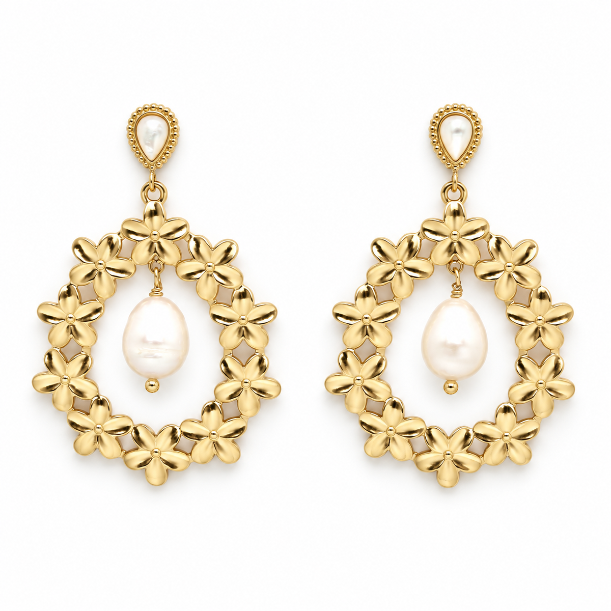 Freshwater Pearl and Gold Flowers Earrings - E4-212