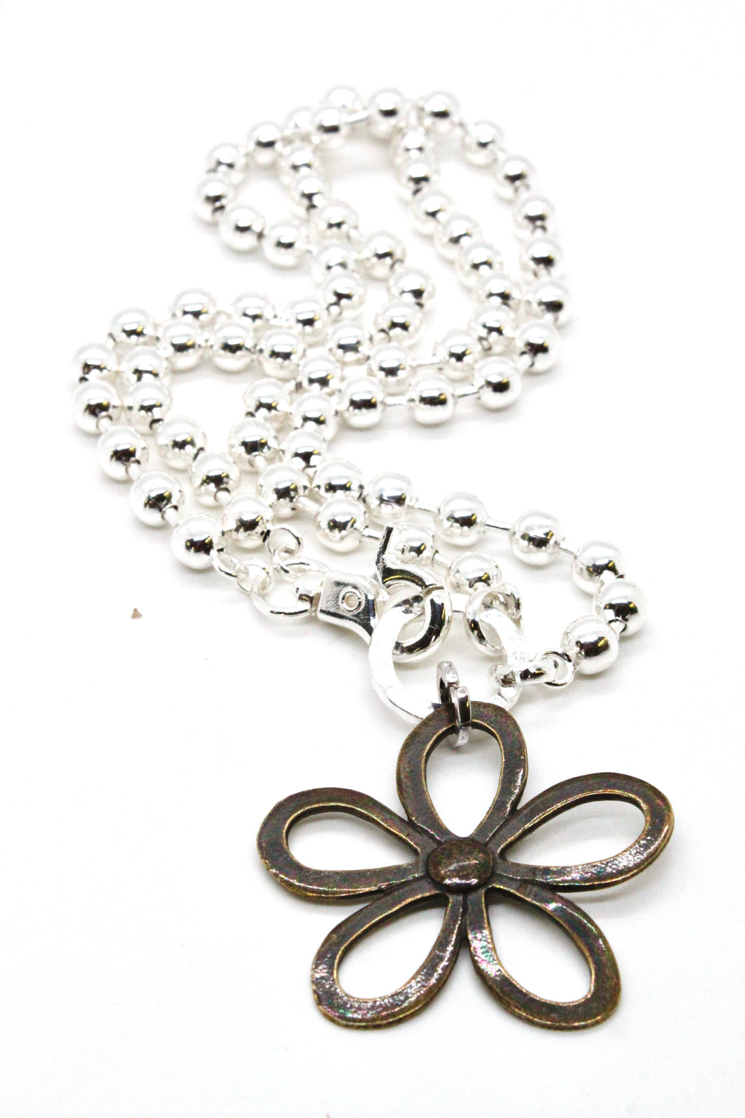 Convertible Short or Long Ball Chain Necklace with Large Brass Daisy Flower -The Classics Collection- N2-265G