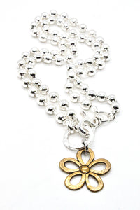 Convertible Short or Long Ball Chain Necklace with Small Brass Daisy Flower -The Classics Collection- N2-266G