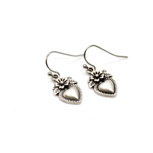 Mini Silver Heart Flower Charm Earrings - E9-24470