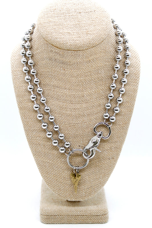 Brass Elongated Heart Charm Convertible Silver Chain Necklace