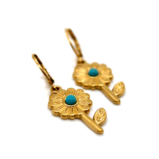 Gold Daisy Flower Turquoise Daisy Earrings - E4-385