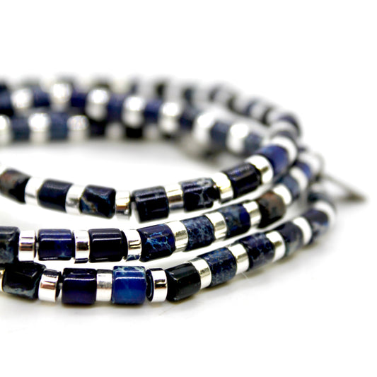 Navy Semi Precious Stone and Silver Stretch Bracelet -B7-021N