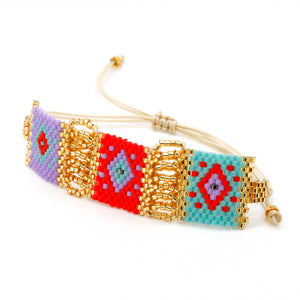 Beautiful and Unique Hand Woven Miyuki Seed Bead Turquoise and Red Adjustable Bracelet - Seeds Collection- B8-003