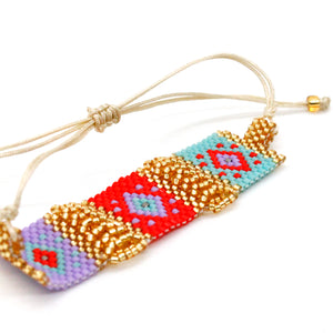 Beautiful and Unique Hand Woven Miyuki Seed Bead Turquoise and Red Adjustable Bracelet - Seeds Collection- B8-003