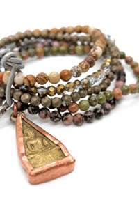 Stone and Crystal Mix Stretch Bracelet with Brass Copper Buddha BL-Syrup-GB -The Buddha Collection-