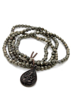 Load image into Gallery viewer, Mini Pyrite Stretch Bracelet with Black Reversible Ganesh Charm BC-079-3G1Bk -The Buddha Collection-
