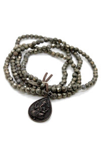 Mini Pyrite Stretch Bracelet with Black Reversible Ganesh Charm BC-079-3G1Bk -The Buddha Collection-