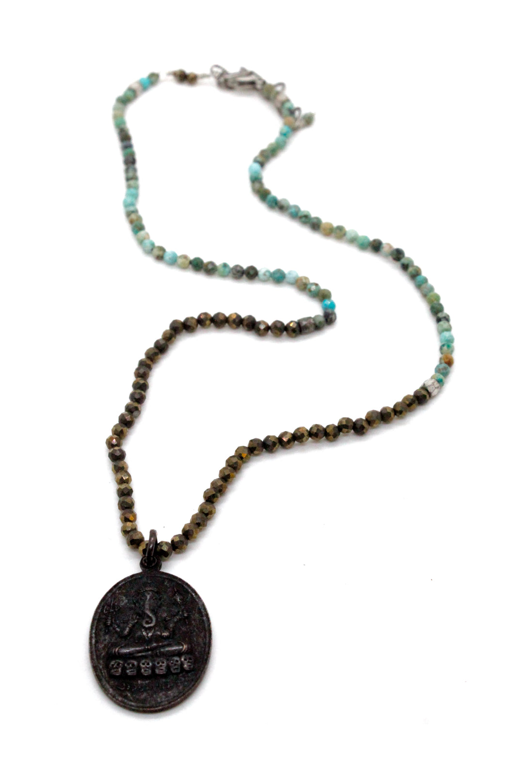 African Turquoise and Pyrite Beaded Necklace with Ganesh Charm NS-AFPY-BkG -The Buddha Collection-