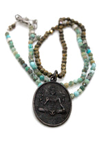 Load image into Gallery viewer, African Turquoise and Pyrite Beaded Necklace with Ganesh Charm NS-AFPY-BkG -The Buddha Collection-
