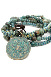 African Turquoise and Crystal with Reversible Buddha Charm BL-4020-GrB2 -The Buddha Collection-
